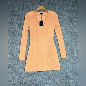 NBD Peach Long-Sleeve Wrap Dress with Gold Buttons Size Small NWT